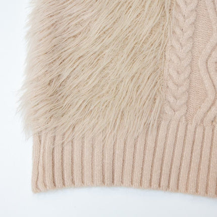 Women's Beige Norwegian Fur Trim Fluffy Thick Warm Winter Cable Knit Sweater