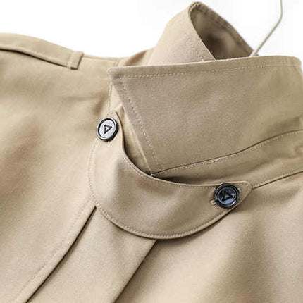 Beige oversized military-inspired jacket with adjustable cuffs