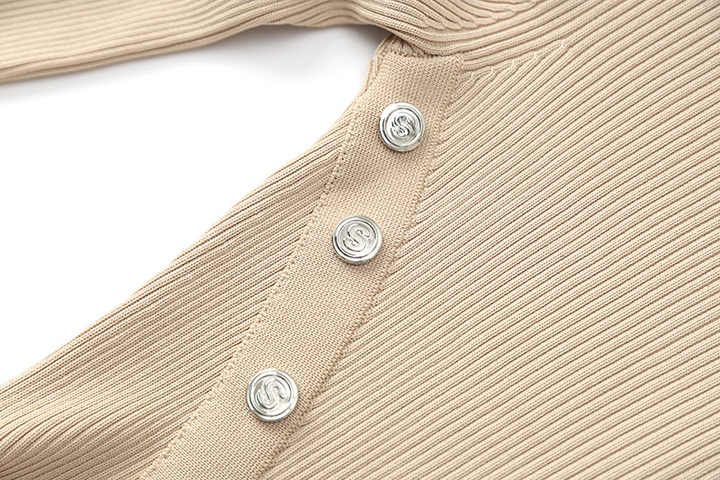 Beige ribbed knit midi dress with button detail