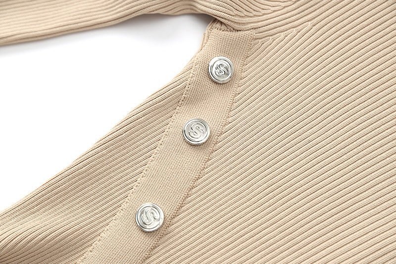 Beige Ribbed Knit Midi Dress with Button Detail