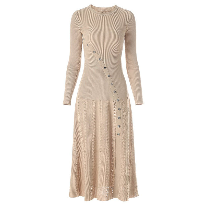 Beige Ribbed Knit Midi Dress with Button Detail