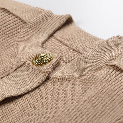 Beige Ribbed Military Button Knit Top