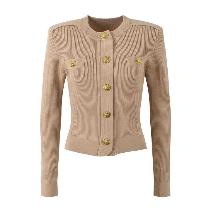 Beige Ribbed Military Inspired Knit Jacket with Golden Buttons and Pockets