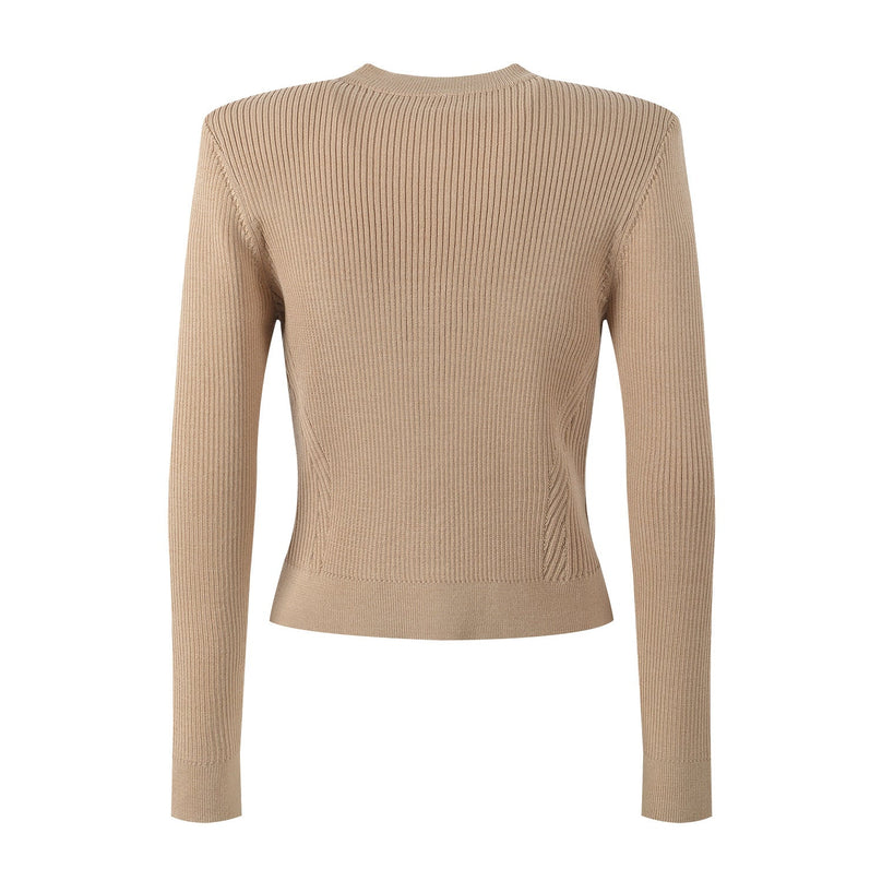 Beige Ribbed Military-Inspired Knit Jacket with Golden Buttons