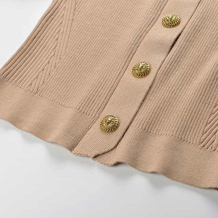 Beige Ribbed Military-Inspired Knit Top with Golden Buttons