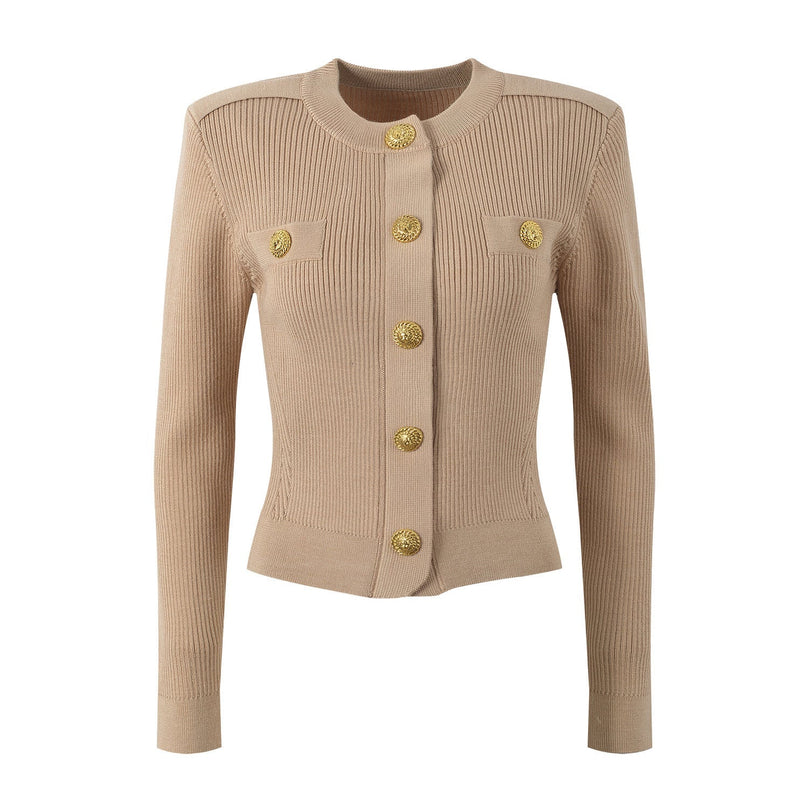 Beige Ribbed Military-Inspired Knit Top with Golden Buttons