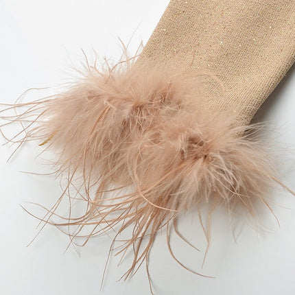Beige Sparkly Knit Button-Up with Feather Accents