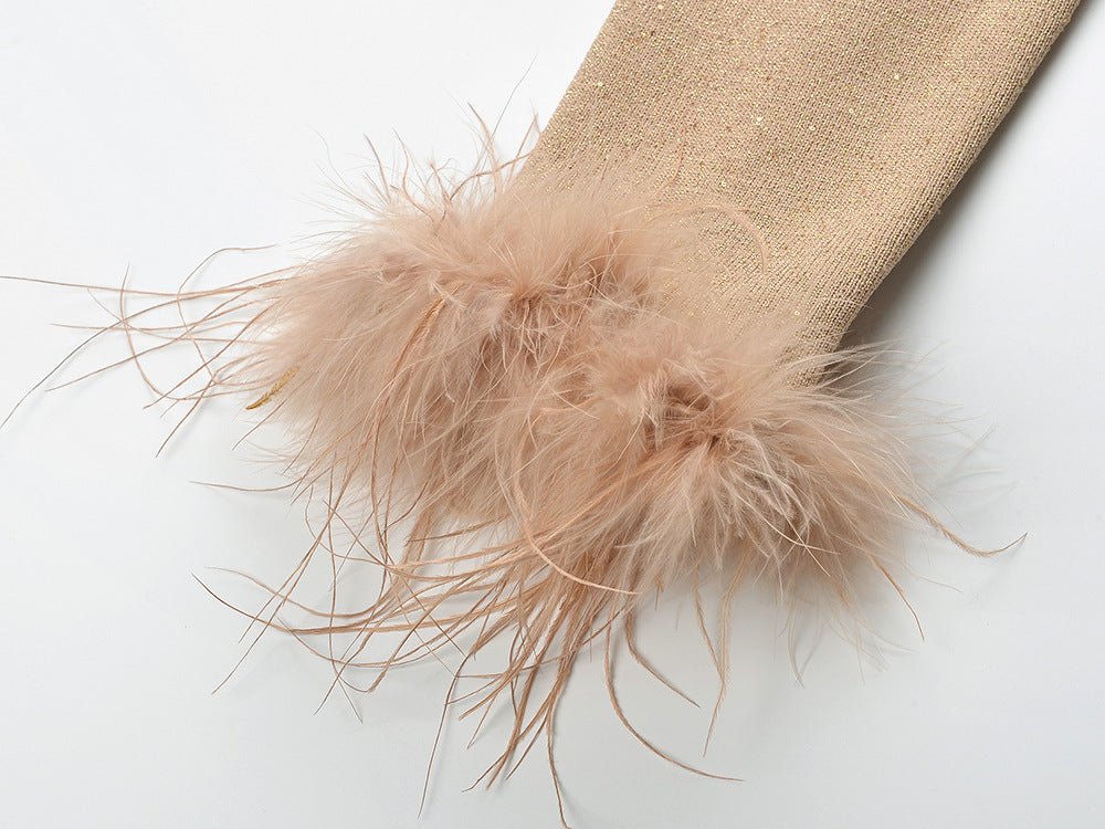 Beige Sparkly Knit Button-Up with Feather Accents