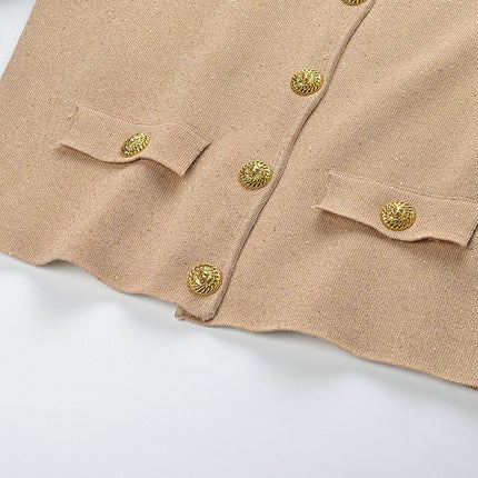 Beige Sparkly Knit Button-Up with Feather Accents