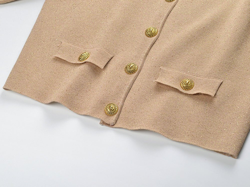 Beige Sparkly Knit Button-Up with Feather Accents