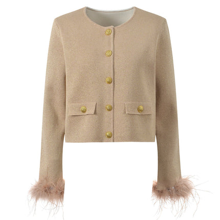 Beige Sparkly Knit Cropped Button-Up with Feather Accents