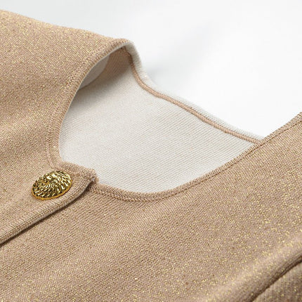 Beige Sparkly Knit Cropped Button-Up with Feather Accents