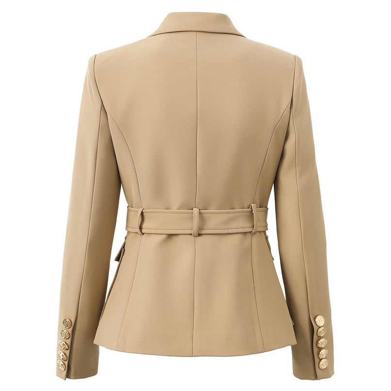 Beige tailored double-breasted blazer with gold button accents and belted waist