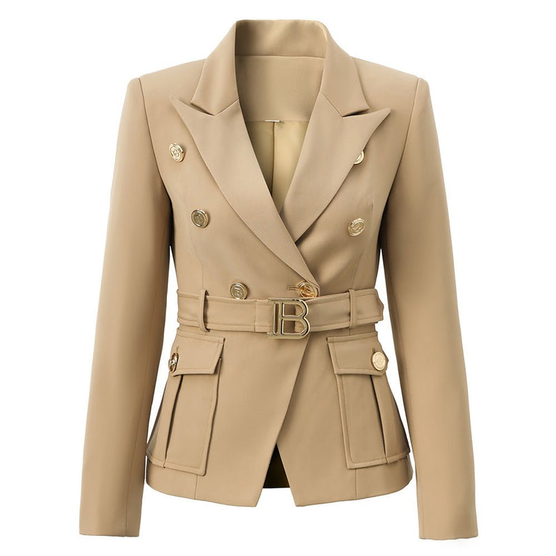 Beige tailored double-breasted blazer with gold button accents and belted waist