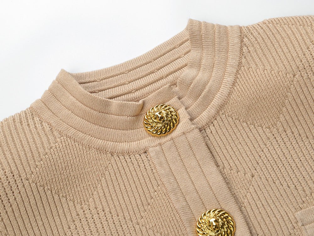 Beige Textured Geometric Cardigan with Gold Accents