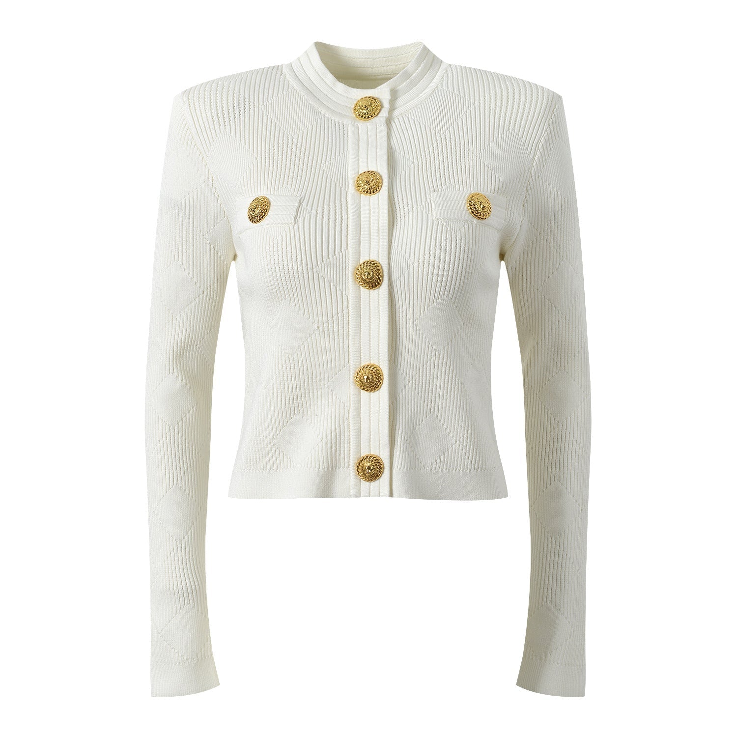 Beige Textured Geometric Cardigan with Gold Accents
