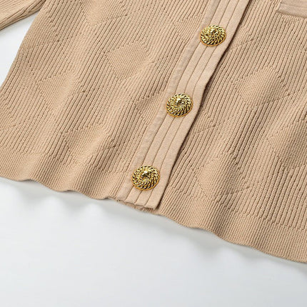 Beige Textured Geometric Pattern Button-Up Cardigan with Gold Accents