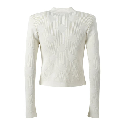 Beige Textured Geometric Pattern Cardigan with Gold Accents