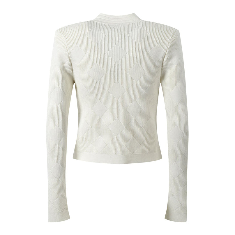 Beige Textured Geometric Pattern Cardigan with Gold Accents