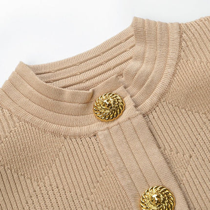 Beige Textured Knit Button-Up Cardigan with Gold Accents