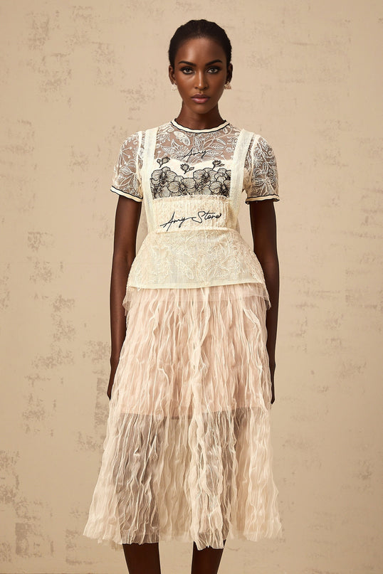 Beige tulle midi dress with embroidery details named Sandrine