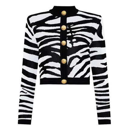 Bella Black and White Zebra Print Cropped Knit Sweater with Gold Buttons
