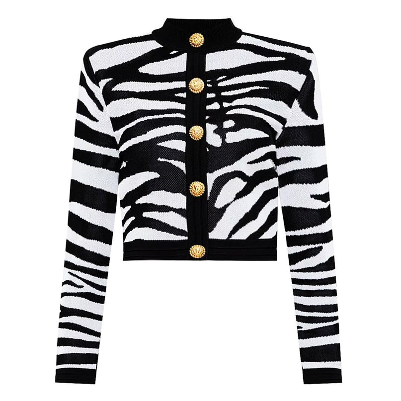 Bella Black and White Zebra Print Cropped Knit Sweater with Gold Buttons