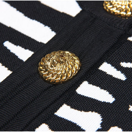 Bella Black and White Zebra Print Cropped Knit Sweater with Gold Buttons