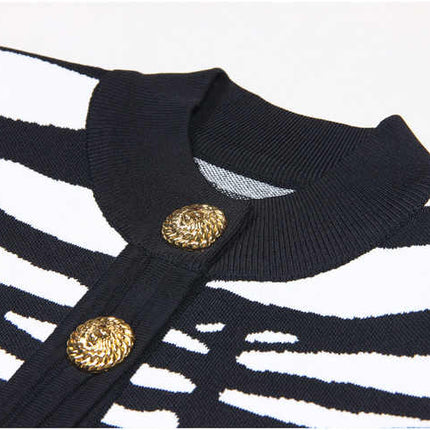 Bella Black and White Zebra Print Cropped Sweater with Gold Buttons