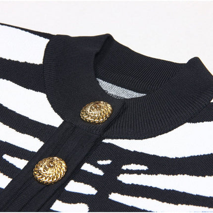 Bella Black and White Zebra Print Knit Sweater with Gold Buttons