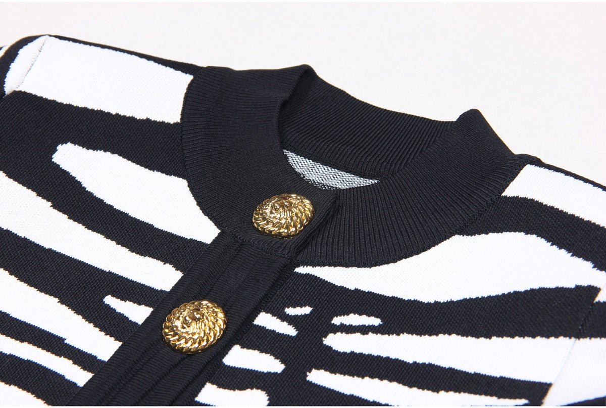 Bella Black and White Zebra Print Knit Sweater with Gold Buttons
