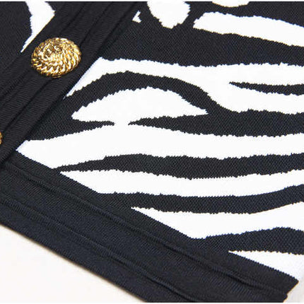 Bella Black and White Zebra Print Knit Sweater with Gold Buttons