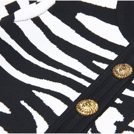 Bella Black and White Zebra Print Sweater with Gold Buttons
