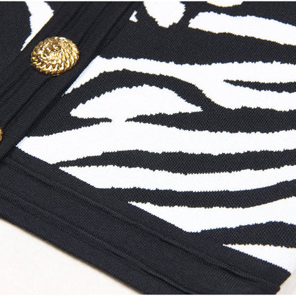 Bella Black and White Zebra Print Sweater with Gold Buttons