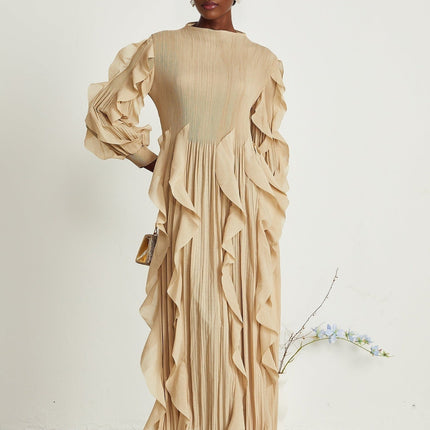 Bella Khaki Maxi Dress Square Neckline Ruffled Trim Pleated Skirt