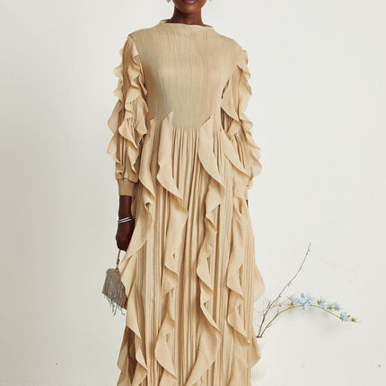 Bella Khaki Maxi Dress Square Neckline Long Sleeves Ruffled Trim Pleated Skirt Stretch Jersey Luxurious Blend Comfort Style Maxi Length Silhouette