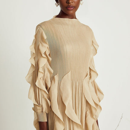 Bella Khaki Square Neck Maxi Dress with Ruffled Trim and Pleated Skirt