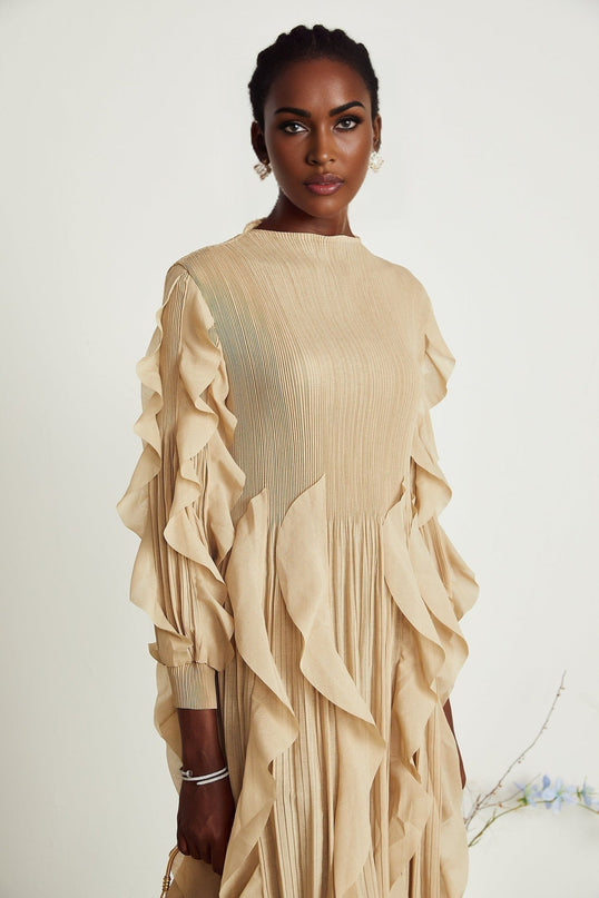 Bella Khaki Square Neck Maxi Dress with Ruffled Trim and Pleated Skirt