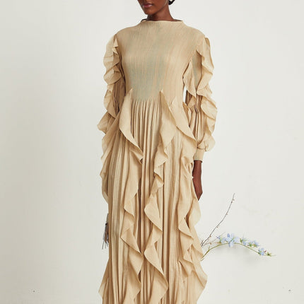 Bella Khaki Maxi Dress Square Neckline Ruffled Trim Pleated Skirt Long Sleeves Stretch Jersey Blend Polyamide Nylon Comfort Style Maxi Length Silhouette Women's Clothing Fashion Elegant Graceful Movement