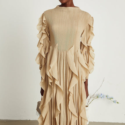 Bella Khaki Maxi Dress Square Neckline Ruffled Trim Pleated Skirt Long Sleeves