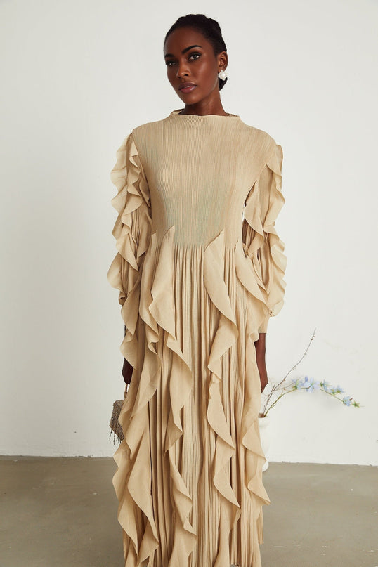 Bella Khaki Maxi Dress Square Neckline Ruffled Trim Pleated Skirt Long Sleeves