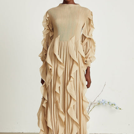 Bella Khaki Square Neckline Maxi Dress with Ruffled Trim and Pleated Skirt