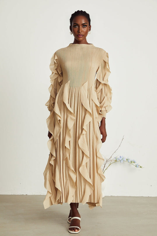 Bella Khaki Square Neckline Maxi Dress with Ruffled Trim and Pleated Skirt