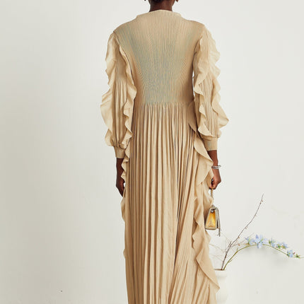 Bella Khaki Maxi Dress Square Neckline Ruffled Trim Pleated Skirt