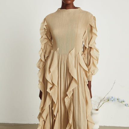 Bella Khaki Square Neck Maxi Dress with Ruffled Trim and Pleated Skirt
