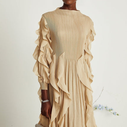 Bella Khaki Maxi Dress Square Neckline Ruffled Trim Pleated Skirt Long Sleeves