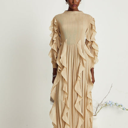Bella Khaki Square Neck Maxi Dress with Ruffled Trim and Pleated Skirt