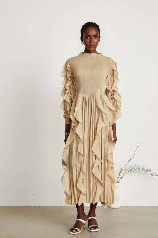 Bella Khaki Square Neck Maxi Dress with Ruffled Trim and Pleated Skirt