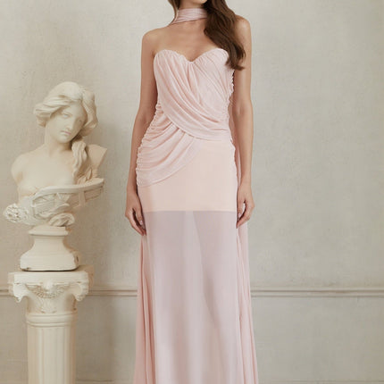 Bella Maxi Dress in Pink mesh off-the-shoulder sweetheart neckline ruched detailing cinched waist mermaid hem underwire bra sculptural scarf design side zip fastening sleeveless timeless charm Terylene fiber