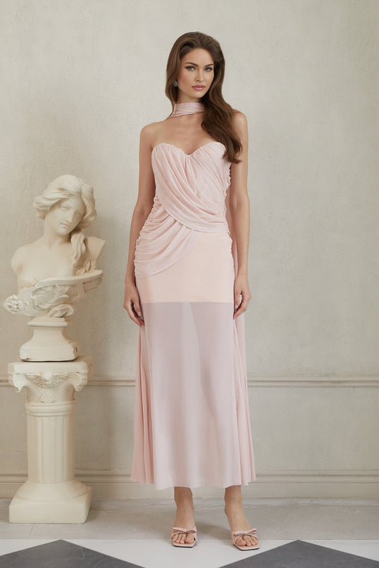 Bella Maxi Dress in Pink mesh off-the-shoulder sweetheart neckline ruched detailing cinched waist mermaid hem underwire bra sculptural scarf design side zip fastening sleeveless timeless charm Terylene fiber